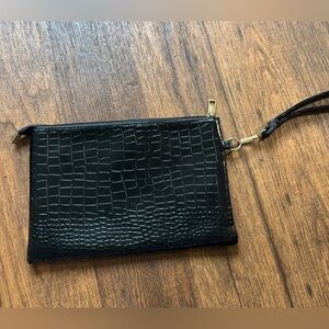 Black Croc-Embossed Large Wristlet Clutch